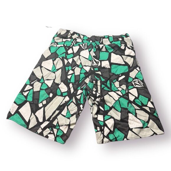 Volcom Green Black Board Shorts Size 34" Swim Trunks Retro Geometric‎ Y2K - Picture 3 of 5